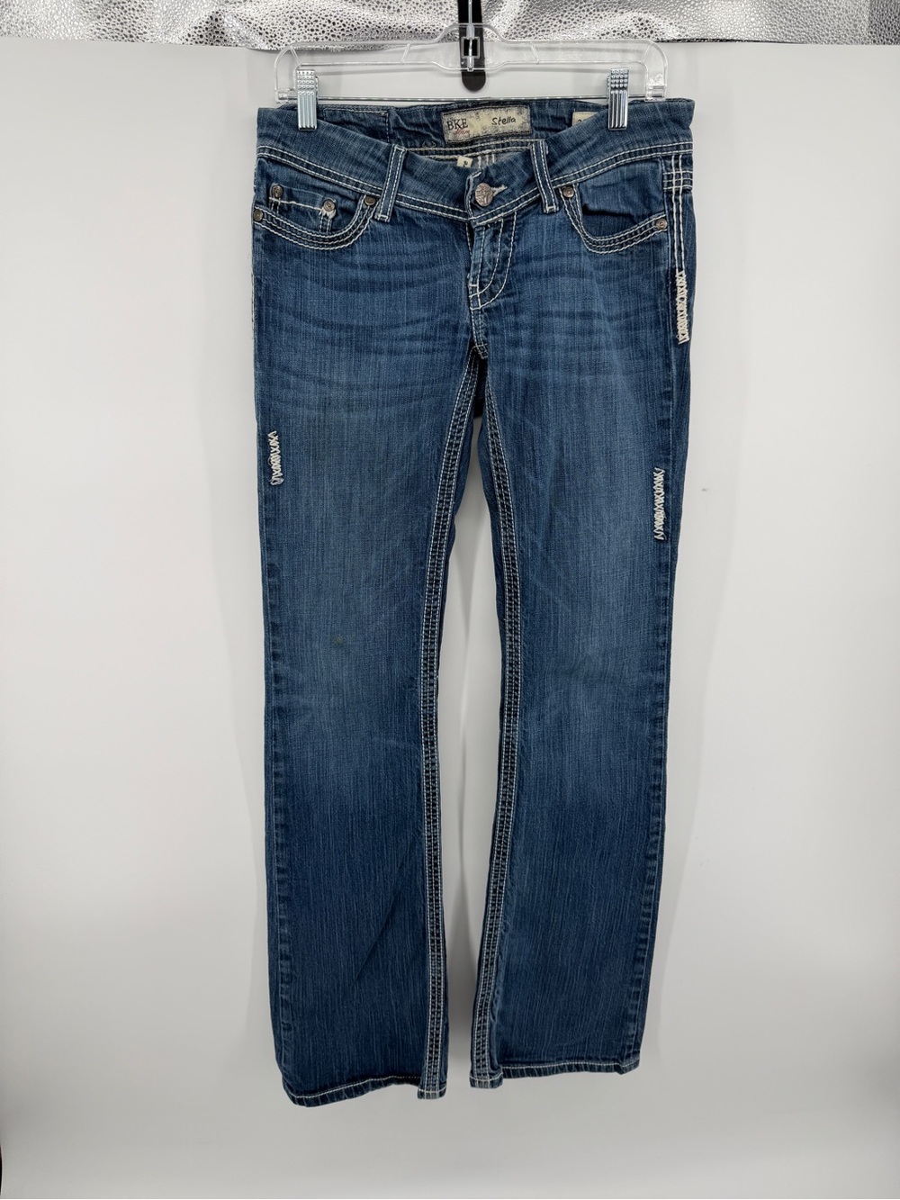 BKE Stella Thick Stitch Distressed Flare Bootcut Jeans Low Rise McBlingY2K Sz27L